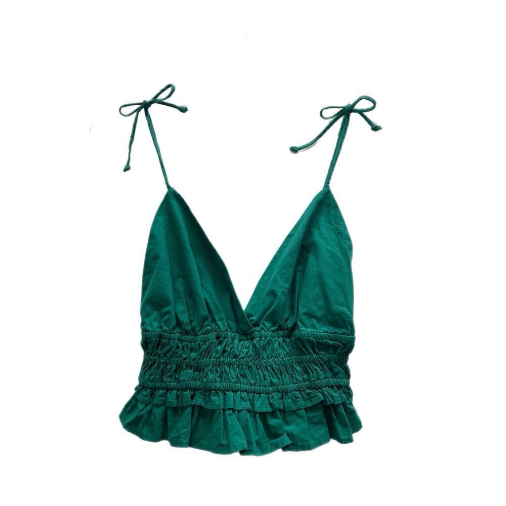 Sim & Sam Crop Top Womens S Green Tank Tie Strap Smocked Peplum Boho Ruffle NEW